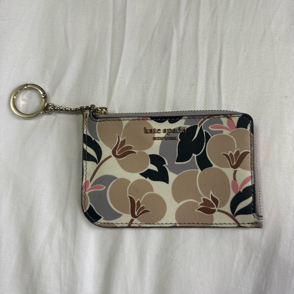 Kate Spade Beige and Black Floral Keychain Wallet